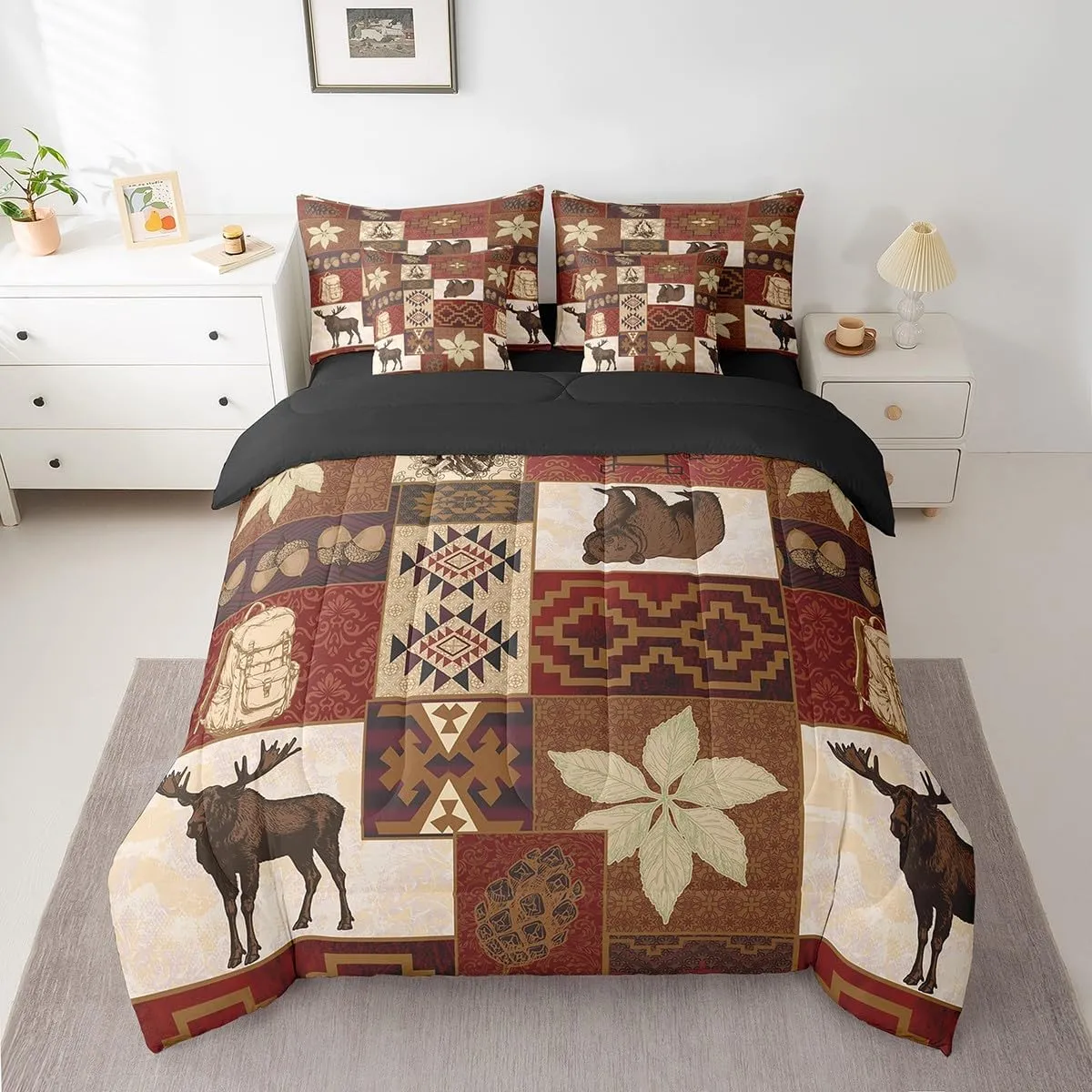 Erosebridal Buffalo Plaid 7 Piece Comforter Set Cabin Decor,Bear Elk Deer Wild Animal Bedding Sets Fall Leaves Pine Cones Bed Sheets Wildlife Hunting Theme Quilt Bohemian Floral Bed in a Bag,Full