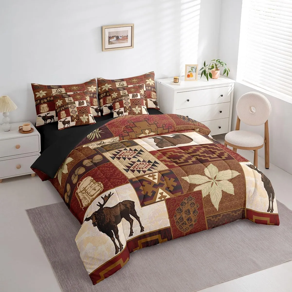 Erosebridal Buffalo Plaid 7 Piece Comforter Set Cabin Decor,Bear Elk Deer Wild Animal Bedding Sets Fall Leaves Pine Cones Bed Sheets Wildlife Hunting Theme Quilt Bohemian Floral Bed in a Bag,Full