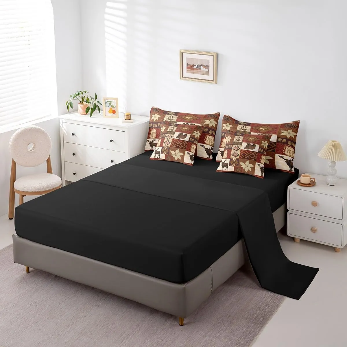 Erosebridal Buffalo Plaid 7 Piece Comforter Set Cabin Decor,Bear Elk Deer Wild Animal Bedding Sets Fall Leaves Pine Cones Bed Sheets Wildlife Hunting Theme Quilt Bohemian Floral Bed in a Bag,Full