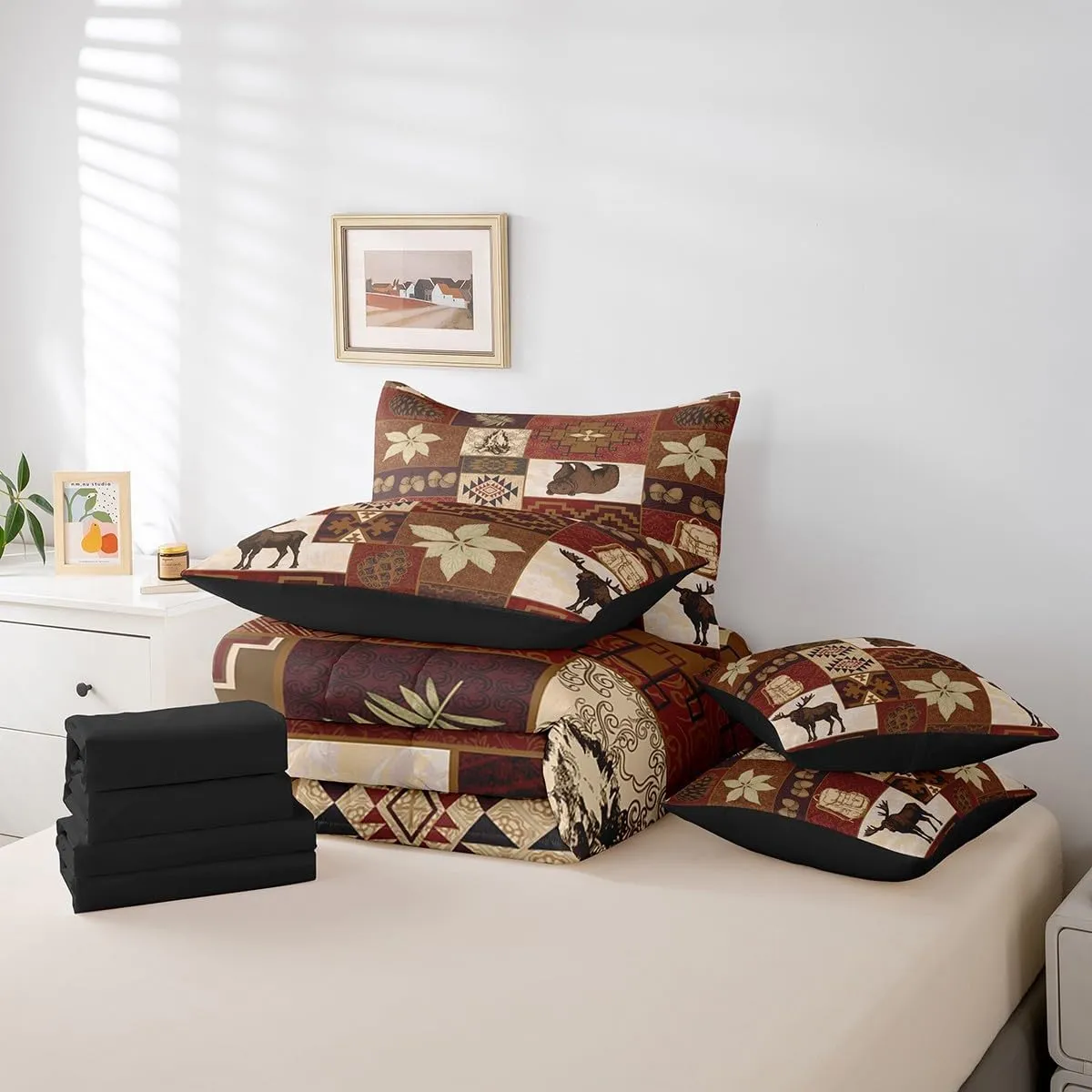 Erosebridal Buffalo Plaid 7 Piece Comforter Set Cabin Decor,Bear Elk Deer Wild Animal Bedding Sets Fall Leaves Pine Cones Bed Sheets Wildlife Hunting Theme Quilt Bohemian Floral Bed in a Bag,Full