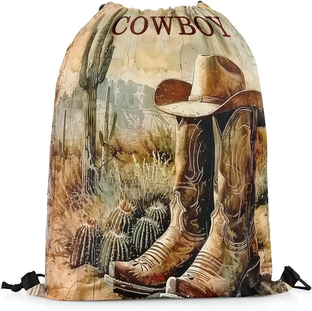 Erosebridal Cowboy Boots Sackpack 13x15.7 For Western String Bag American Country Desert Cactus Wild West Retro Rustic Botanical Cabin Sport Gym Swim Yoga Camping Cinch Bag Waterproof