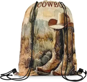 Erosebridal Cowboy Boots Sackpack 13x15.7 For Western String Bag American Country Desert Cactus Wild West Retro Rustic Botanical Cabin Sport Gym Swim Yoga Camping Cinch Bag Waterproof
