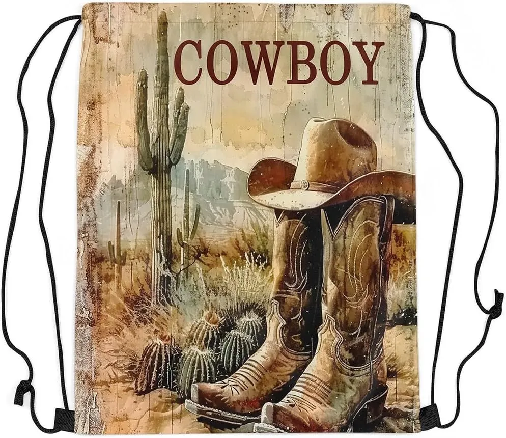 Erosebridal Cowboy Boots Sackpack 13x15.7 For Western String Bag American Country Desert Cactus Wild West Retro Rustic Botanical Cabin Sport Gym Swim Yoga Camping Cinch Bag Waterproof
