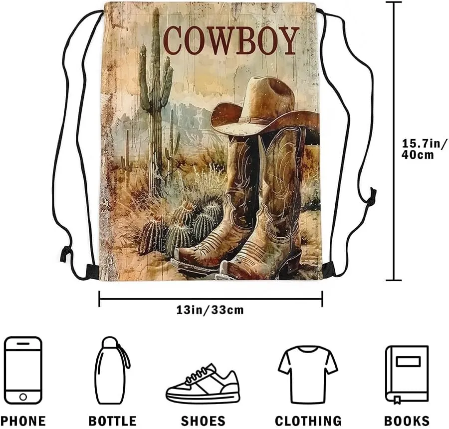 Erosebridal Cowboy Boots Sackpack 13x15.7 For Western String Bag American Country Desert Cactus Wild West Retro Rustic Botanical Cabin Sport Gym Swim Yoga Camping Cinch Bag Waterproof