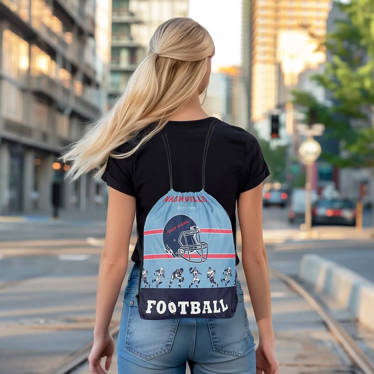 Erosebridal Customized American Football Drawstring Backpack 13 x 15.7,Football Drawstring Bag for Sport Gym,Black Blue Red Sports Draw String Back Bag,Football City Team String Backpack(Nashville)