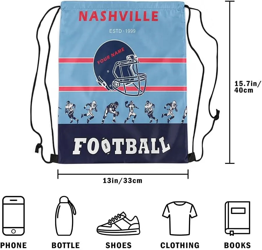 Erosebridal Customized American Football Drawstring Backpack 13 x 15.7,Football Drawstring Bag for Sport Gym,Black Blue Red Sports Draw String Back Bag,Football City Team String Backpack(Nashville)
