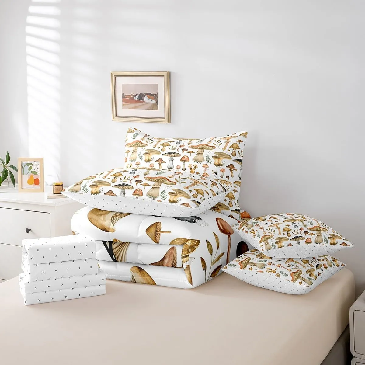 Erosebridal Cute Mushrooms 7 Pcs Comforter Set King, Mushroom Bedding, Natural Plant Wild Botanical Sheet Set Bed in A Bag, Tropical Kawaii Fungus Leaves Bed Set
