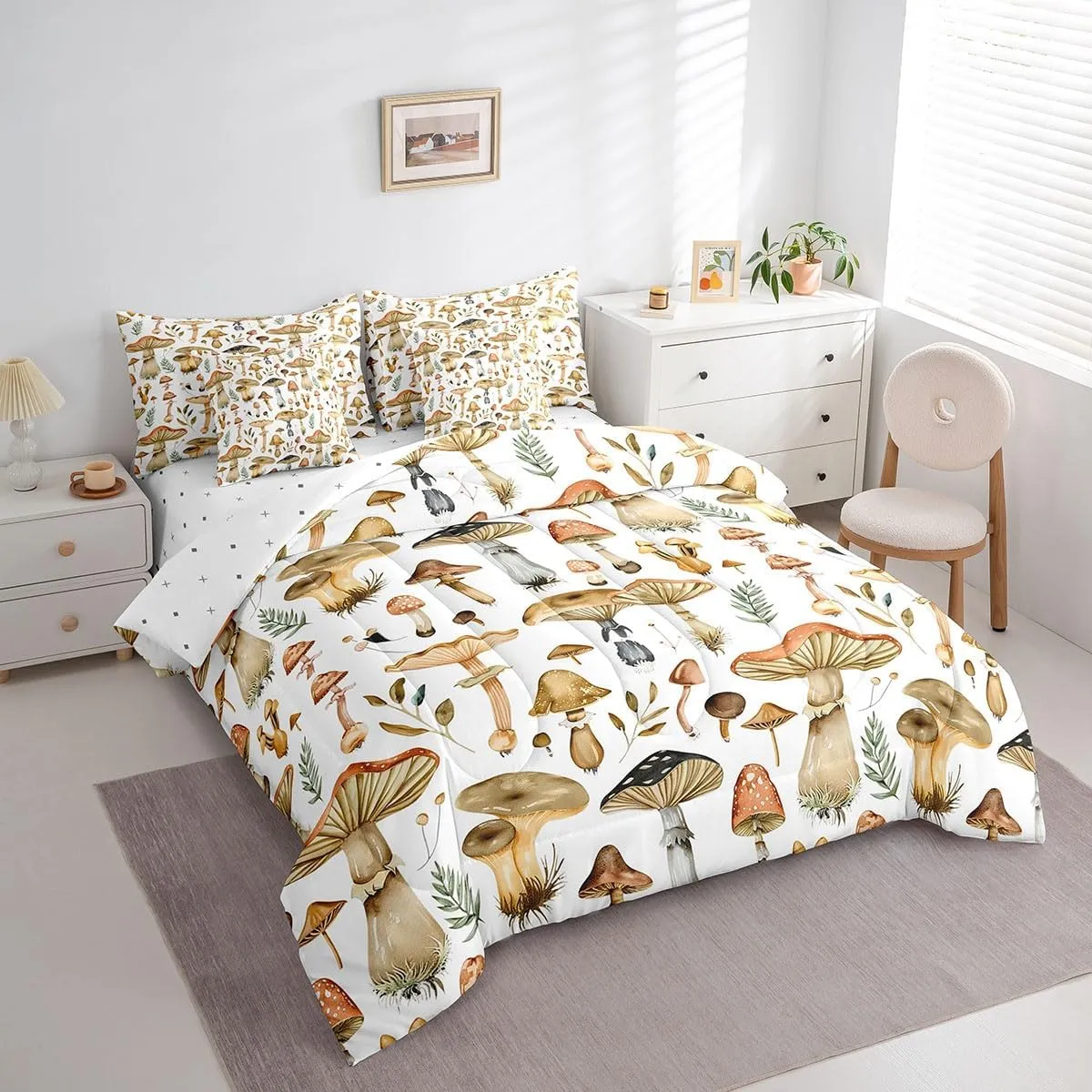 Erosebridal Cute Mushrooms 7 Pcs Comforter Set King, Mushroom Bedding, Natural Plant Wild Botanical Sheet Set Bed in A Bag, Tropical Kawaii Fungus Leaves Bed Set