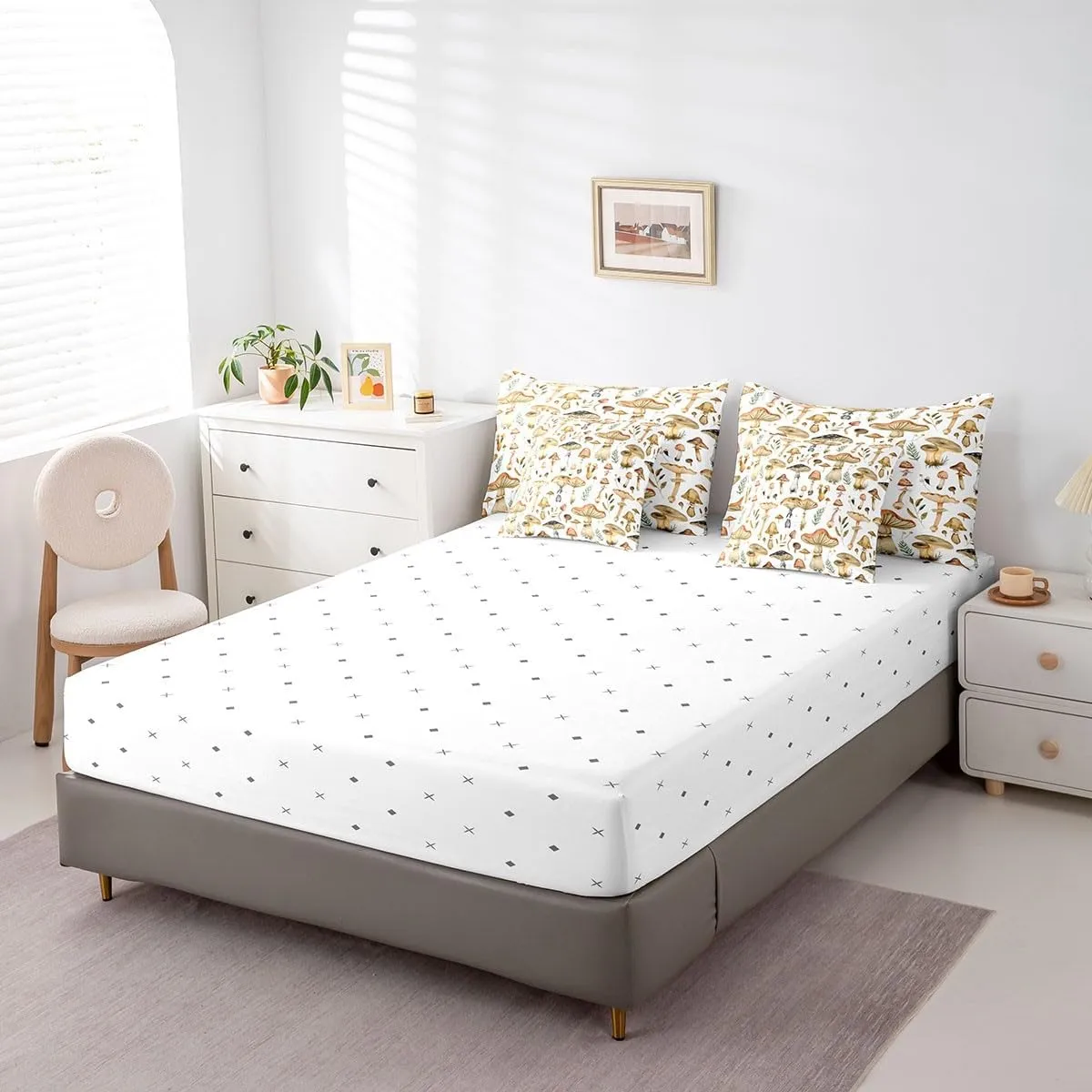 Erosebridal Cute Mushrooms 7 Pcs Comforter Set King, Mushroom Bedding, Natural Plant Wild Botanical Sheet Set Bed in A Bag, Tropical Kawaii Fungus Leaves Bed Set