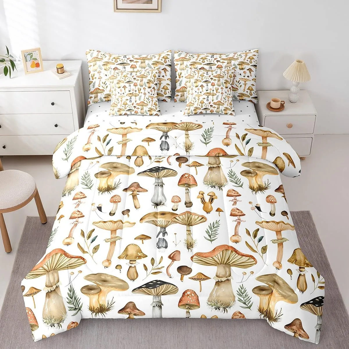 Erosebridal Cute Mushrooms 7 Pcs Comforter Set King, Mushroom Bedding, Natural Plant Wild Botanical Sheet Set Bed in A Bag, Tropical Kawaii Fungus Leaves Bed Set