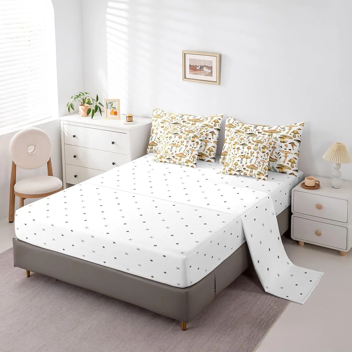 Erosebridal Cute Mushrooms 7 Pcs Comforter Set King, Mushroom Bedding, Natural Plant Wild Botanical Sheet Set Bed in A Bag, Tropical Kawaii Fungus Leaves Bed Set