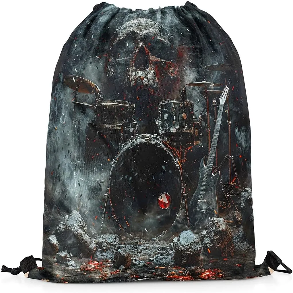 Erosebridal Gothic Music Themed Drawstring Bags 13x15.7,Musical Instrument Drum Kit Drawstring Backpack Halloween Skeleton Draw String Back Bag,Sugar Skull Grunge Black Red String Backpack