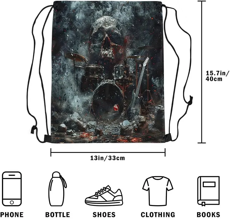 Erosebridal Gothic Music Themed Drawstring Bags 13x15.7,Musical Instrument Drum Kit Drawstring Backpack Halloween Skeleton Draw String Back Bag,Sugar Skull Grunge Black Red String Backpack