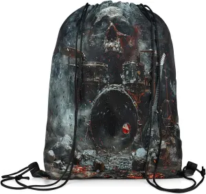 Erosebridal Gothic Music Themed Drawstring Bags 13x15.7,Musical Instrument Drum Kit Drawstring Backpack Halloween Skeleton Draw String Back Bag,Sugar Skull Grunge Black Red String Backpack
