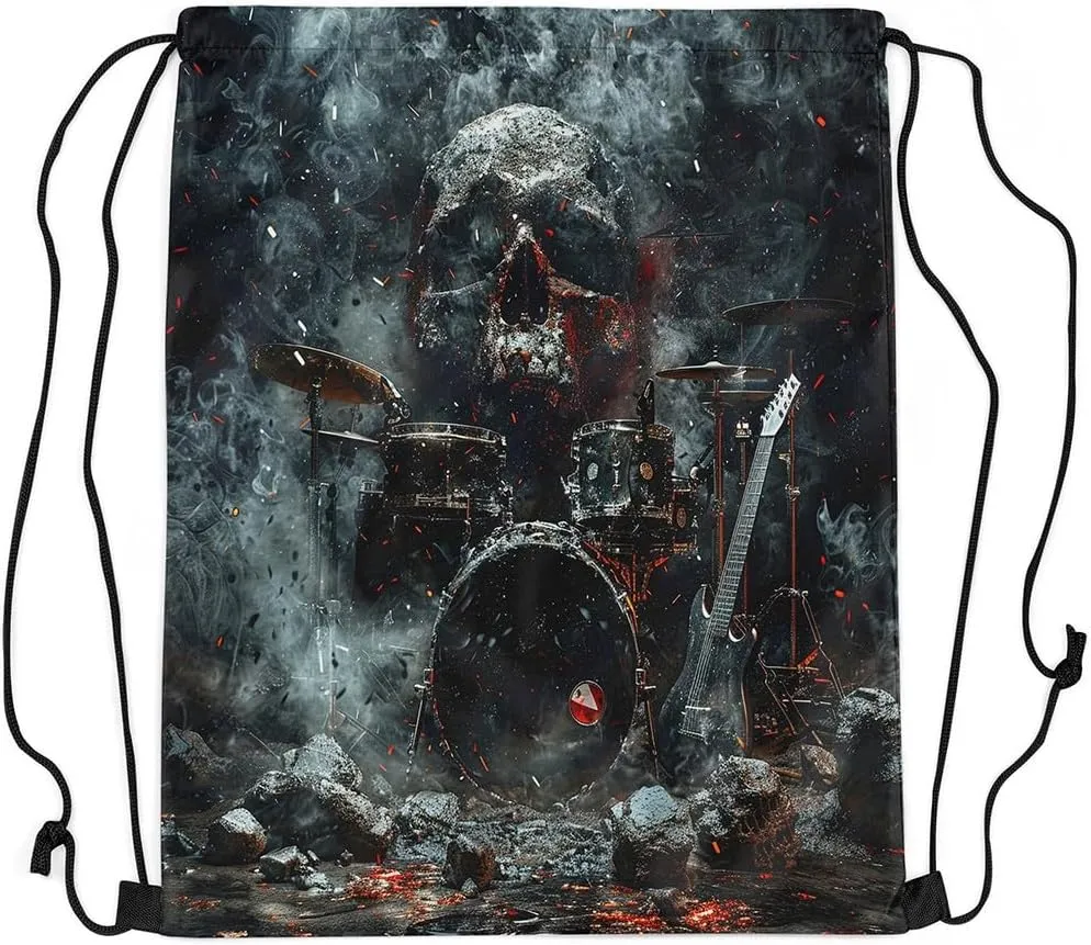 Erosebridal Gothic Music Themed Drawstring Bags 13x15.7,Musical Instrument Drum Kit Drawstring Backpack Halloween Skeleton Draw String Back Bag,Sugar Skull Grunge Black Red String Backpack