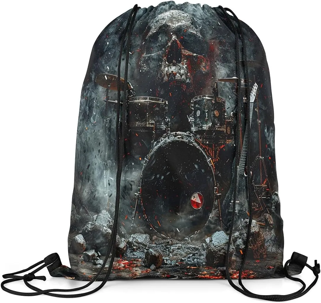 Erosebridal Gothic Music Themed Drawstring Bags 13x15.7,Musical Instrument Drum Kit Drawstring Backpack Halloween Skeleton Draw String Back Bag,Sugar Skull Grunge Black Red String Backpack