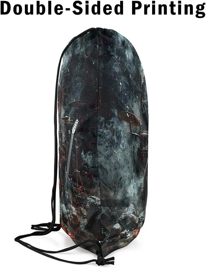 Erosebridal Gothic Music Themed Drawstring Bags 13x15.7,Musical Instrument Drum Kit Drawstring Backpack Halloween Skeleton Draw String Back Bag,Sugar Skull Grunge Black Red String Backpack