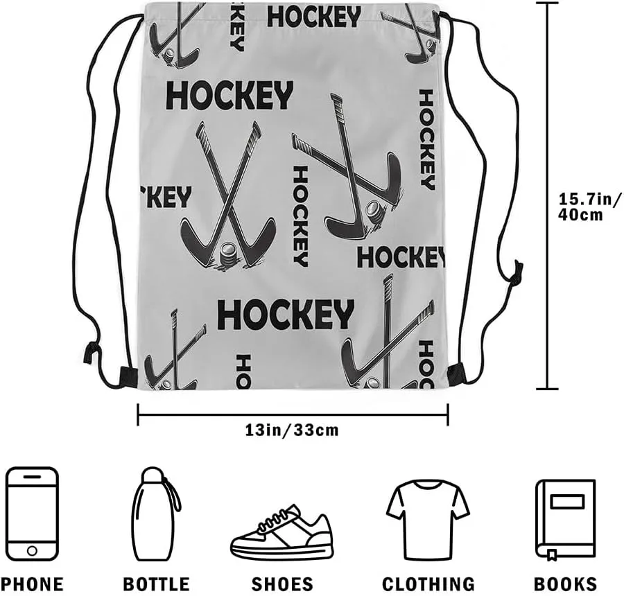 Erosebridal Ice Hockey Stick Drawstring Bags,Sports Gaming Theme Drawstring Backpack 13x15.7 for Sport Gym Swim Yoga Camping,Winter Sports Draw String Back Bag,Sports Lover String Backpack
