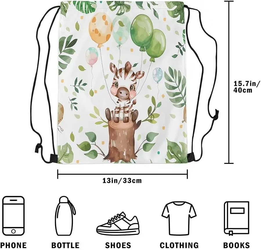Erosebridal Kawaii Zebra Drawstring Backpack 13x15.7, Cute Balloons Animals Drawstring Bags, Cartoon Trees Foldable Draw String Back BagFor Sport, Green Black Wildlife Printed String Backpack