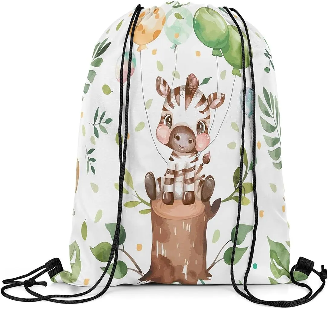 Erosebridal Kawaii Zebra Drawstring Backpack 13x15.7, Cute Balloons Animals Drawstring Bags, Cartoon Trees Foldable Draw String Back BagFor Sport, Green Black Wildlife Printed String Backpack