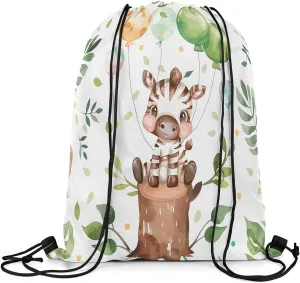Erosebridal Kawaii Zebra Drawstring Backpack 13x15.7, Cute Balloons Animals Drawstring Bags, Cartoon Trees Foldable Draw String Back BagFor Sport, Green Black Wildlife Printed String Backpack