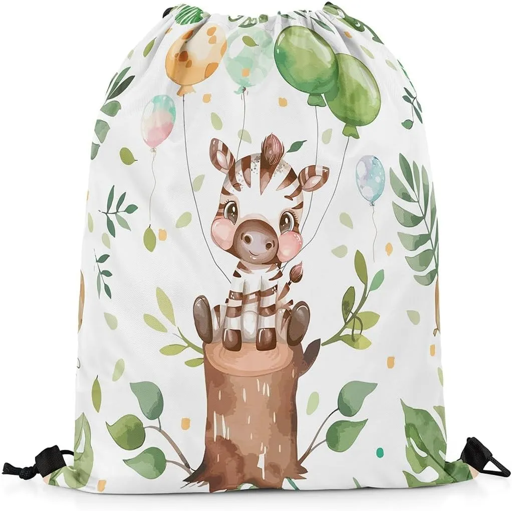 Erosebridal Kawaii Zebra Drawstring Backpack 13x15.7, Cute Balloons Animals Drawstring Bags, Cartoon Trees Foldable Draw String Back BagFor Sport, Green Black Wildlife Printed String Backpack