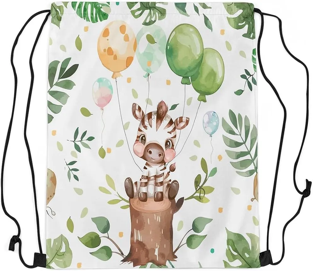 Erosebridal Kawaii Zebra Drawstring Backpack 13x15.7, Cute Balloons Animals Drawstring Bags, Cartoon Trees Foldable Draw String Back BagFor Sport, Green Black Wildlife Printed String Backpack