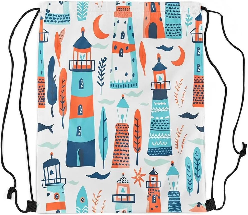 Erosebridal Lighthouse Draw String Back Bag Cartoon Cute Trees Drawstring Backpack Kawaii Seaweed Coral Drawstring Bags Nautical Nature Theme String Backpack,13X15.7