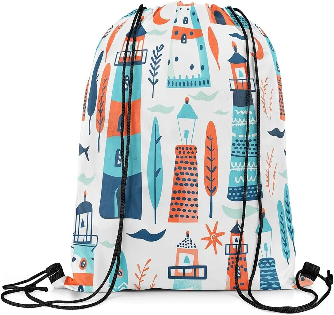 Erosebridal Lighthouse Draw String Back Bag Cartoon Cute Trees Drawstring Backpack Kawaii Seaweed Coral Drawstring Bags Nautical Nature Theme String Backpack,13X15.7