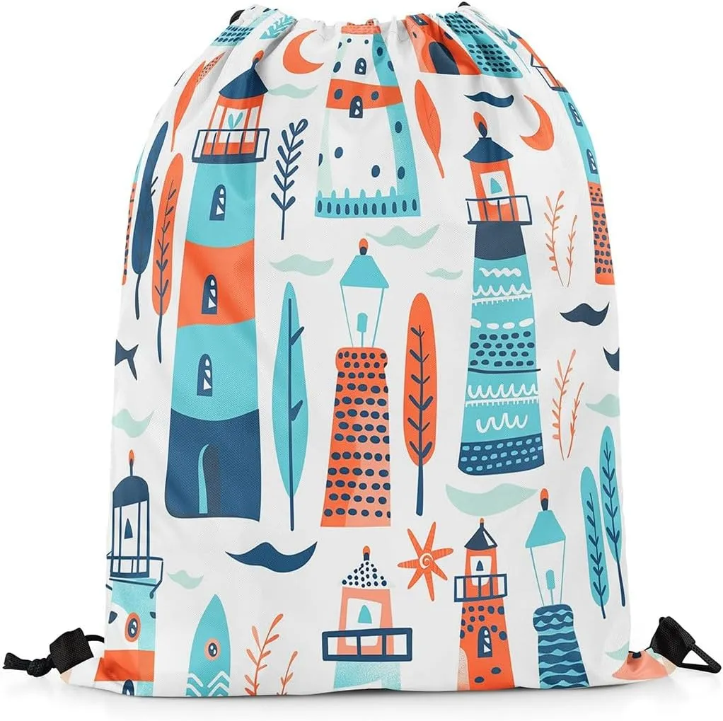 Erosebridal Lighthouse Draw String Back Bag Cartoon Cute Trees Drawstring Backpack Kawaii Seaweed Coral Drawstring Bags Nautical Nature Theme String Backpack,13X15.7