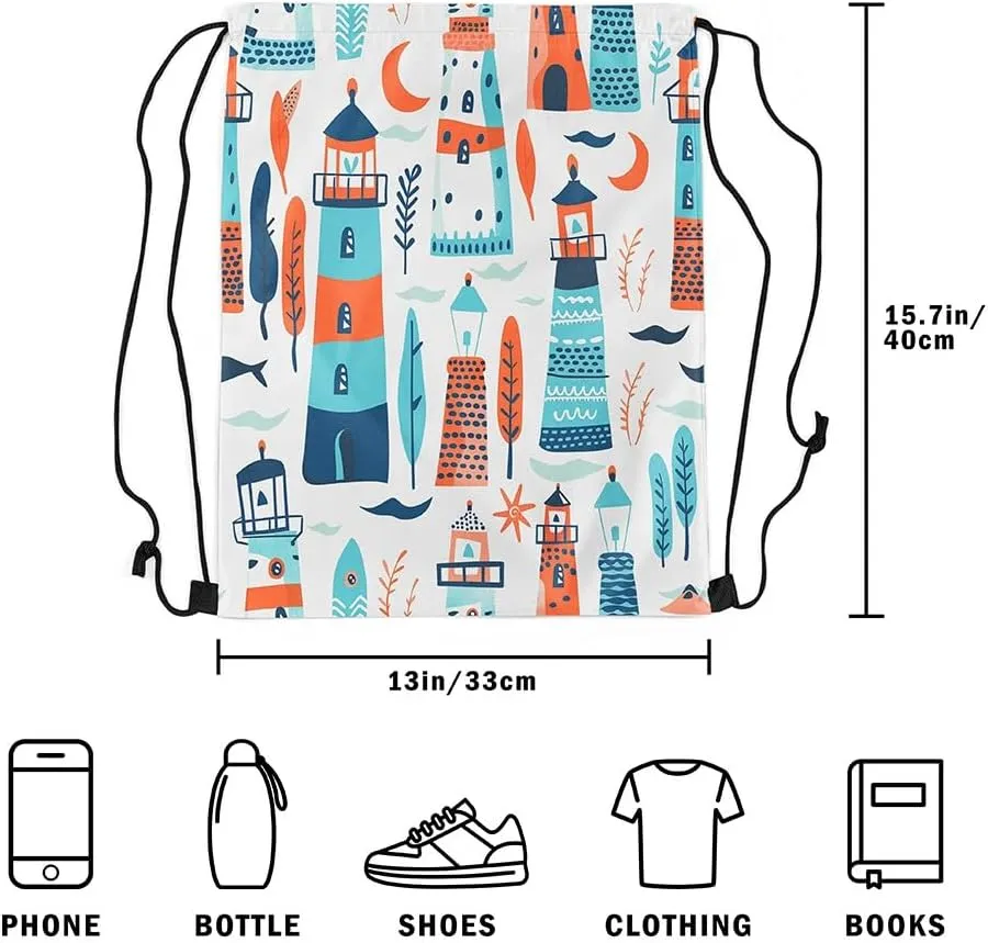 Erosebridal Lighthouse Draw String Back Bag Cartoon Cute Trees Drawstring Backpack Kawaii Seaweed Coral Drawstring Bags Nautical Nature Theme String Backpack,13X15.7