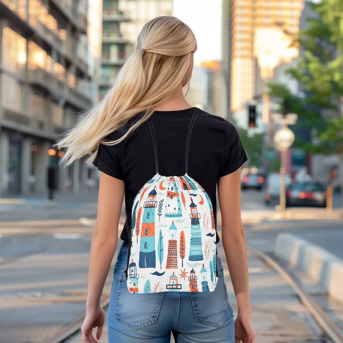 Erosebridal Lighthouse Draw String Back Bag Cartoon Cute Trees Drawstring Backpack Kawaii Seaweed Coral Drawstring Bags Nautical Nature Theme String Backpack,13X15.7