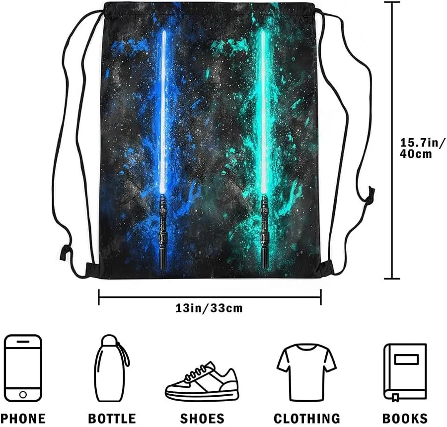 Erosebridal Lightsaber Draw String Back Bag 13x15.7, Neon Teal Blue Drawstring Backpack, Galaxy Starry Sky Drawstring Bags Fashion Games Light Sword String Backpack for Sport Swim Shopping Camping