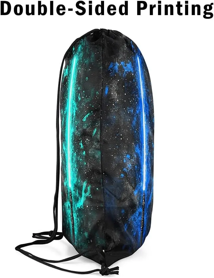 Erosebridal Lightsaber Draw String Back Bag 13x15.7, Neon Teal Blue Drawstring Backpack, Galaxy Starry Sky Drawstring Bags Fashion Games Light Sword String Backpack for Sport Swim Shopping Camping