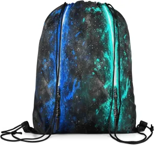 Erosebridal Lightsaber Draw String Back Bag 13x15.7, Neon Teal Blue Drawstring Backpack, Galaxy Starry Sky Drawstring Bags Fashion Games Light Sword String Backpack for Sport Swim Shopping Camping