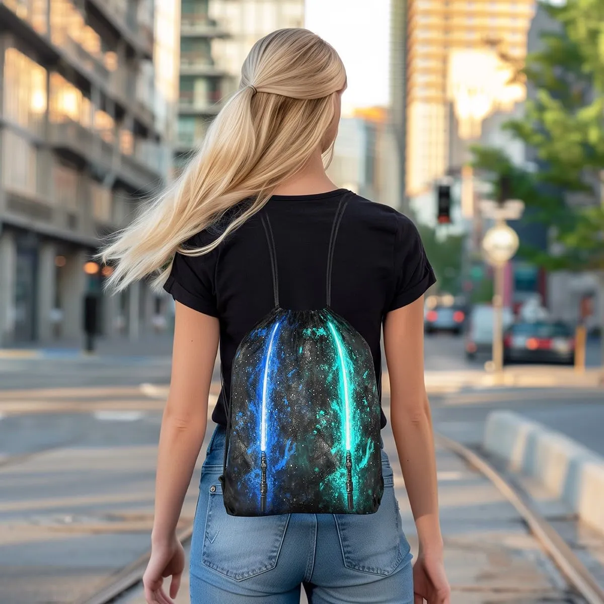 Erosebridal Lightsaber Draw String Back Bag 13x15.7, Neon Teal Blue Drawstring Backpack, Galaxy Starry Sky Drawstring Bags Fashion Games Light Sword String Backpack for Sport Swim Shopping Camping