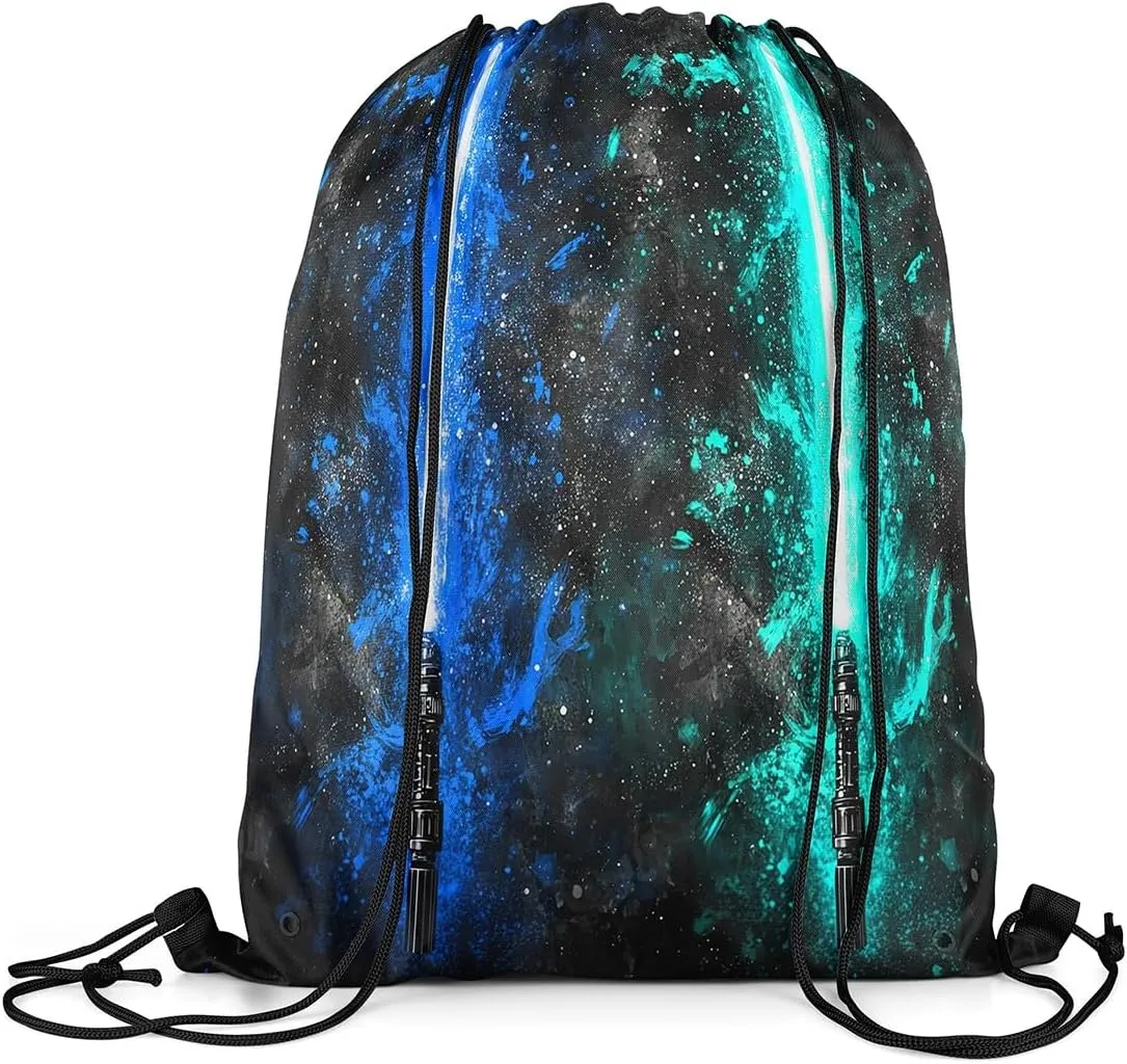 Erosebridal Lightsaber Draw String Back Bag 13x15.7, Neon Teal Blue Drawstring Backpack, Galaxy Starry Sky Drawstring Bags Fashion Games Light Sword String Backpack for Sport Swim Shopping Camping