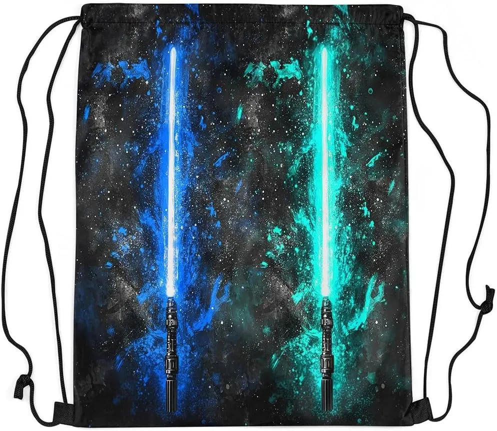 Erosebridal Lightsaber Draw String Back Bag 13x15.7, Neon Teal Blue Drawstring Backpack, Galaxy Starry Sky Drawstring Bags Fashion Games Light Sword String Backpack for Sport Swim Shopping Camping