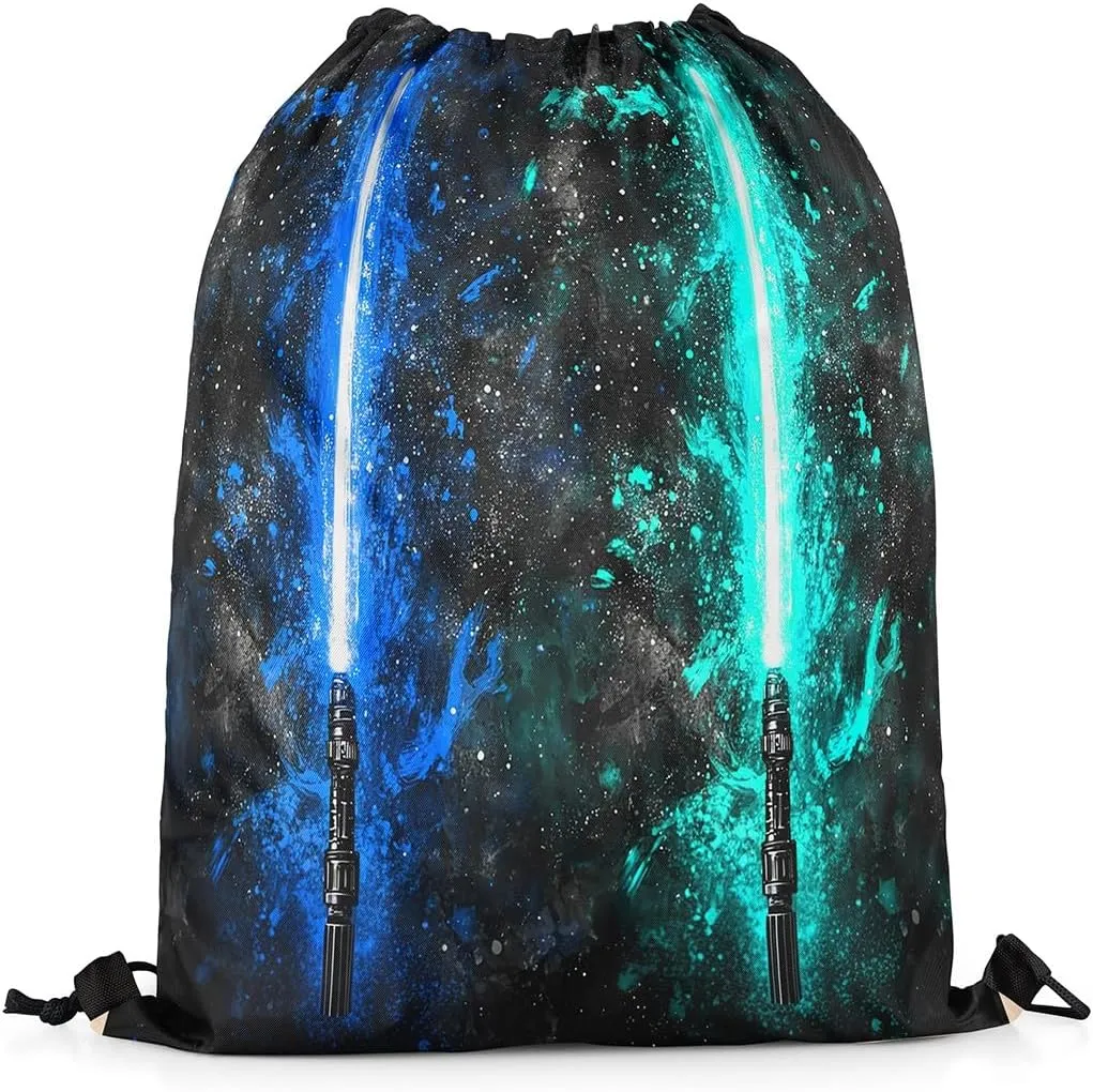 Erosebridal Lightsaber Draw String Back Bag 13x15.7, Neon Teal Blue Drawstring Backpack, Galaxy Starry Sky Drawstring Bags Fashion Games Light Sword String Backpack for Sport Swim Shopping Camping