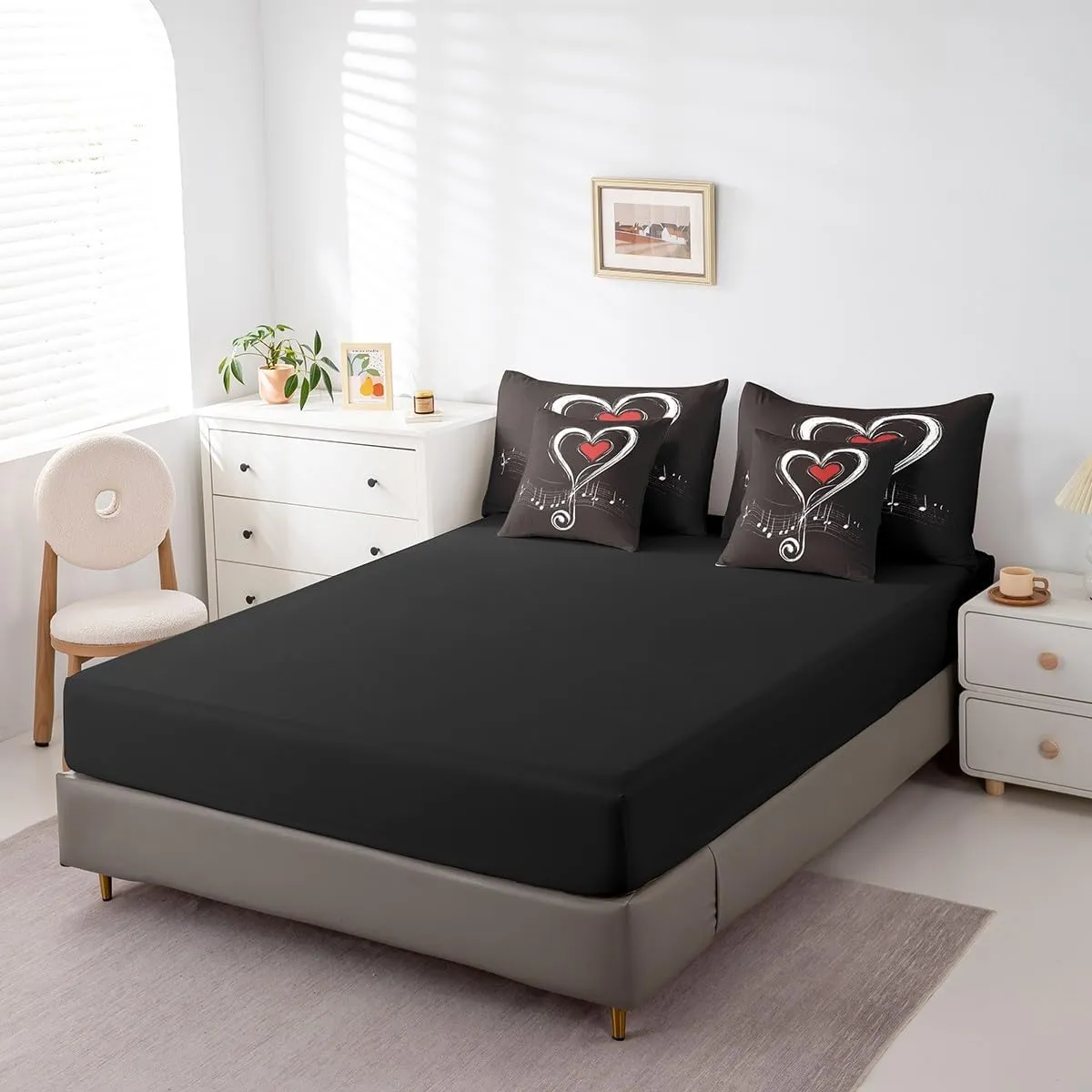 Erosebridal Love Heart Bedding Twin Size 7pcs Bed in a Bag, Geometric Music Note Printed Lightweight Comforter Set, Musical Notation Kids Boys Bedding Comforter Sets, Black Red Modern Bed Sheets Set