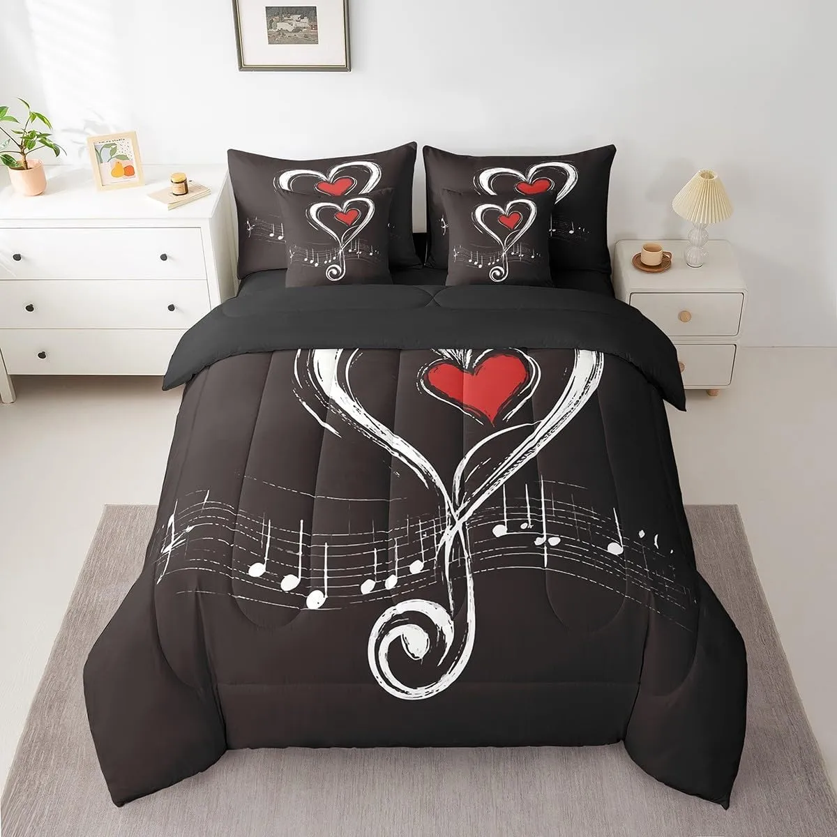 Erosebridal Love Heart Bedding Twin Size 7pcs Bed in a Bag, Geometric Music Note Printed Lightweight Comforter Set, Musical Notation Kids Boys Bedding Comforter Sets, Black Red Modern Bed Sheets Set