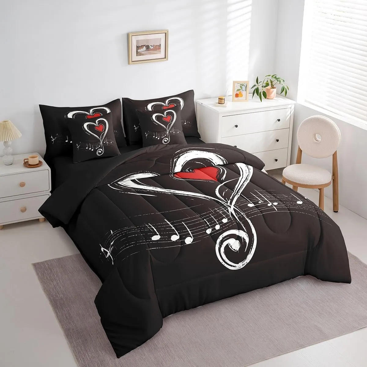 Erosebridal Love Heart Bedding Twin Size 7pcs Bed in a Bag, Geometric Music Note Printed Lightweight Comforter Set, Musical Notation Kids Boys Bedding Comforter Sets, Black Red Modern Bed Sheets Set