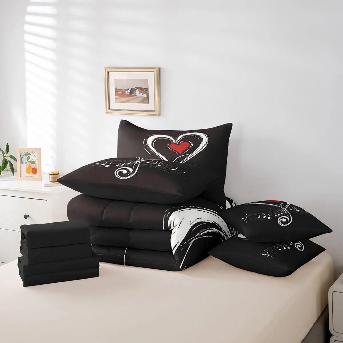 Erosebridal Love Heart Bedding Twin Size 7pcs Bed in a Bag, Geometric Music Note Printed Lightweight Comforter Set, Musical Notation Kids Boys Bedding Comforter Sets, Black Red Modern Bed Sheets Set