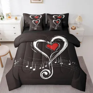 Erosebridal Love Heart Bedding Twin Size 7pcs Bed in a Bag, Geometric Music Note Printed Lightweight Comforter Set, Musical Notation Kids Boys Bedding Comforter Sets, Black Red Modern Bed Sheets Set
