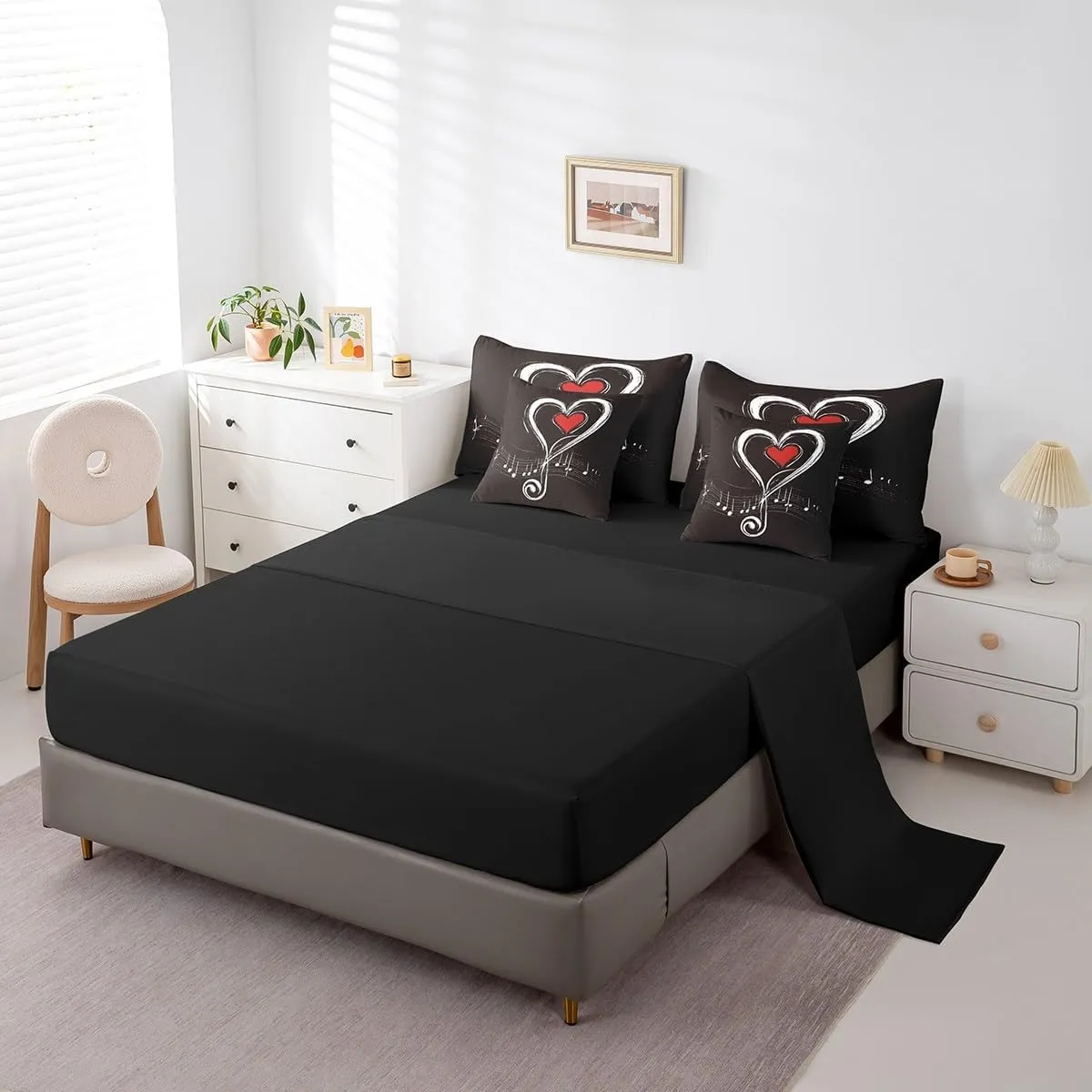 Erosebridal Love Heart Bedding Twin Size 7pcs Bed in a Bag, Geometric Music Note Printed Lightweight Comforter Set, Musical Notation Kids Boys Bedding Comforter Sets, Black Red Modern Bed Sheets Set