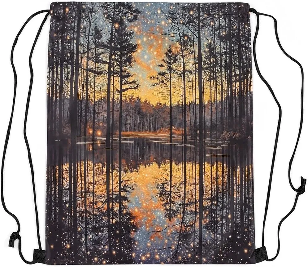 Erosebridal Magical Woodland Drawstring Backpack 13x15.7, Starry Sky Foldable String Bag, Jungle Farmhouse Lodge Waterproof Sackpack For Sport Gym Swim Yoga Camping, Cabin Natural Landscape Cinch Bags