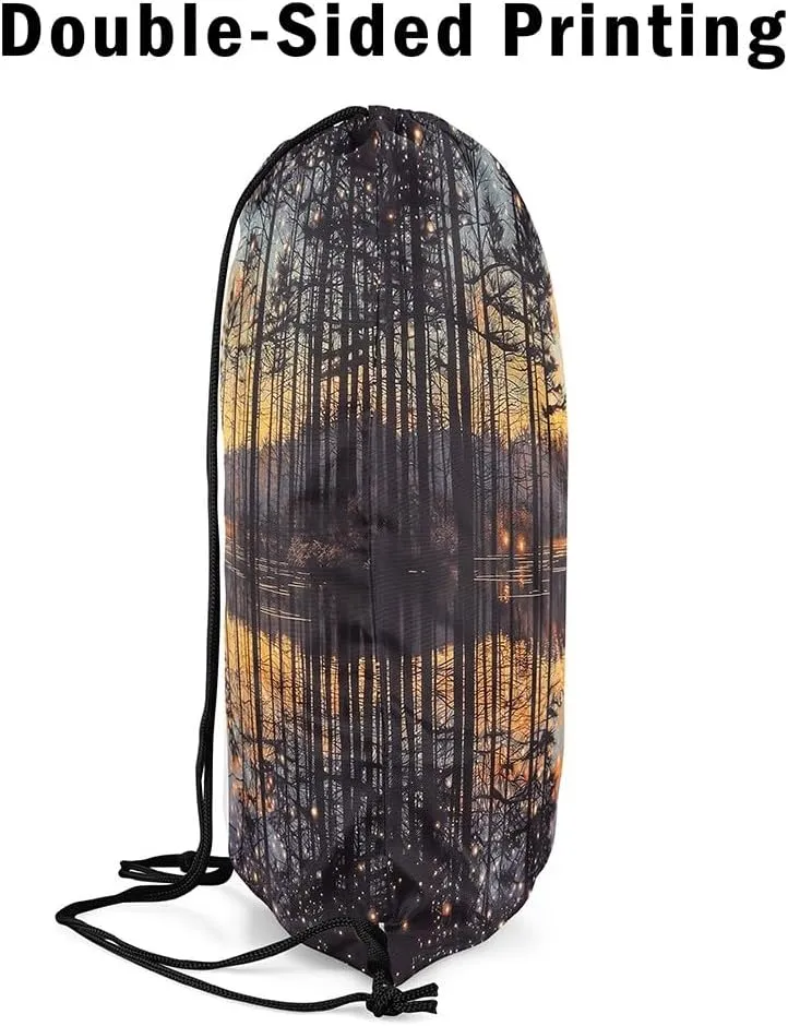 Erosebridal Magical Woodland Drawstring Backpack 13x15.7, Starry Sky Foldable String Bag, Jungle Farmhouse Lodge Waterproof Sackpack For Sport Gym Swim Yoga Camping, Cabin Natural Landscape Cinch Bags