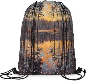 Erosebridal Magical Woodland Drawstring Backpack 13x15.7, Starry Sky Foldable String Bag, Jungle Farmhouse Lodge Waterproof Sackpack For Sport Gym Swim Yoga Camping, Cabin Natural Landscape Cinch Bags