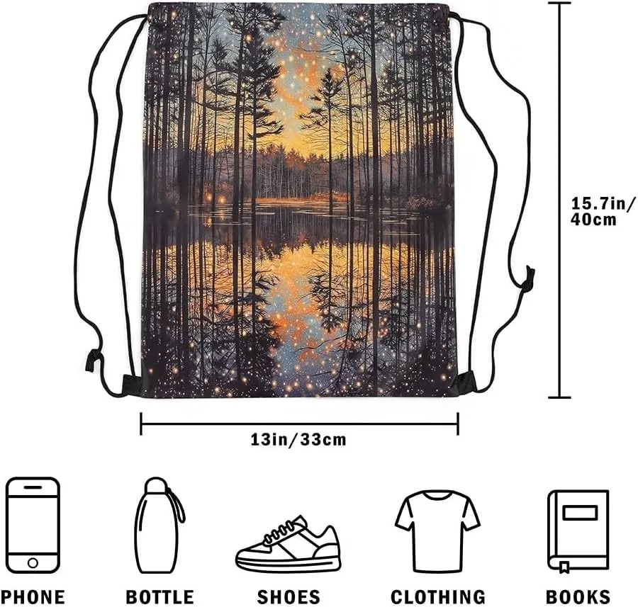 Erosebridal Magical Woodland Drawstring Backpack 13x15.7, Starry Sky Foldable String Bag, Jungle Farmhouse Lodge Waterproof Sackpack For Sport Gym Swim Yoga Camping, Cabin Natural Landscape Cinch Bags