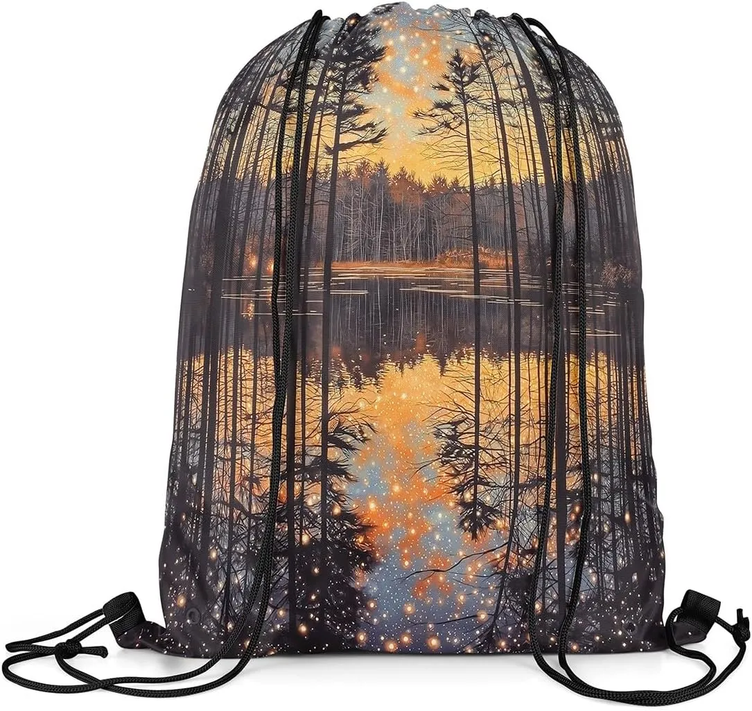Erosebridal Magical Woodland Drawstring Backpack 13x15.7, Starry Sky Foldable String Bag, Jungle Farmhouse Lodge Waterproof Sackpack For Sport Gym Swim Yoga Camping, Cabin Natural Landscape Cinch Bags